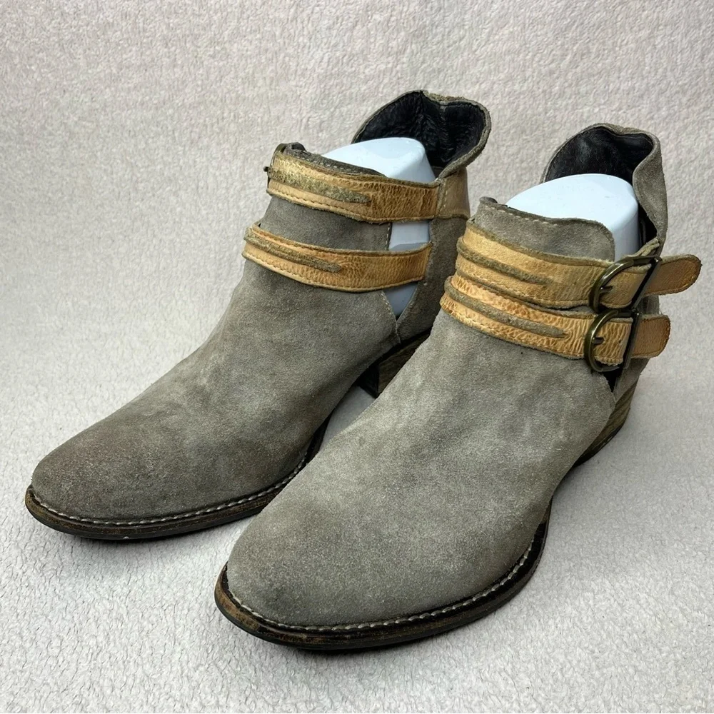 Rebels Suede Double Buckle Ankle Boots Women’s 8 Gray/Tan Boho Bohemian Festival